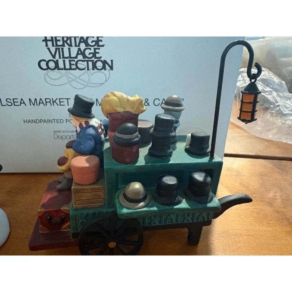 Dept 56 Chelsea Market Hat Monger & Cart Heritage Village Porcelain Figurine Set